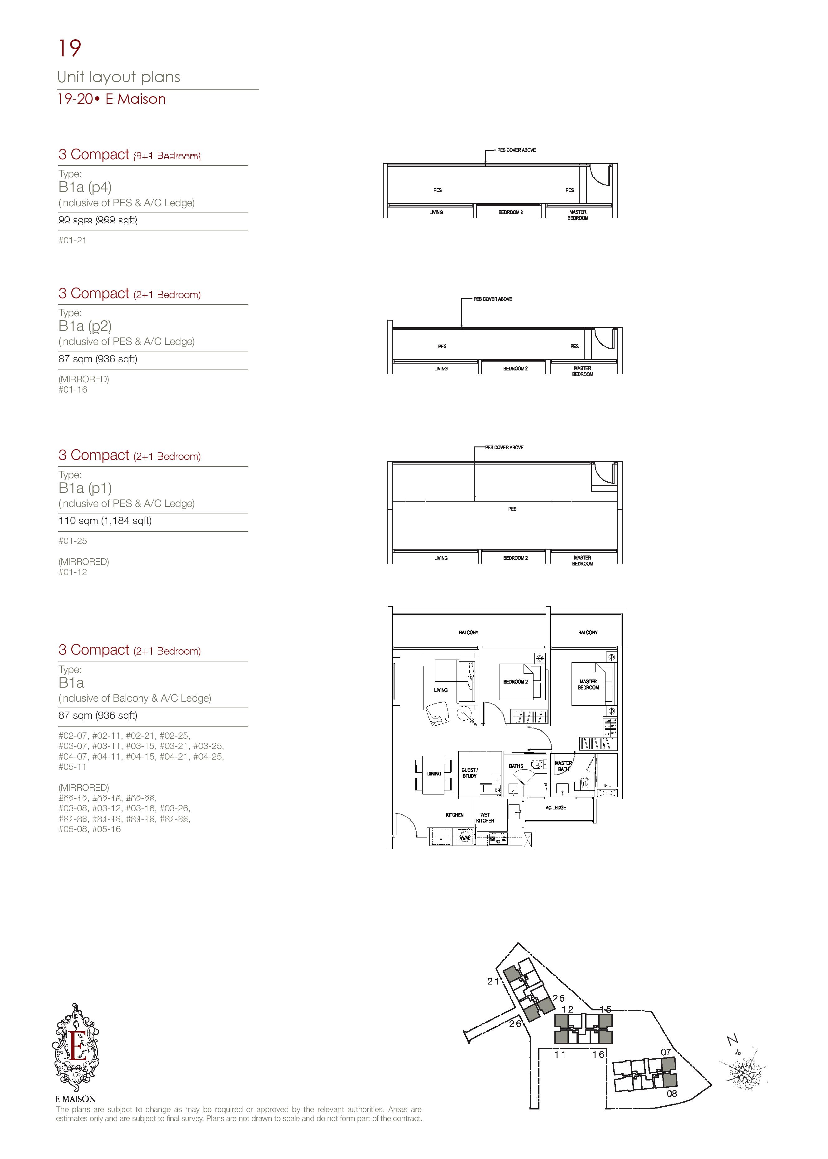 E Maison 2 Bedroom + Study Type B1a, B1a(p1), B1a(p2), B1a(p4) Floor Plans